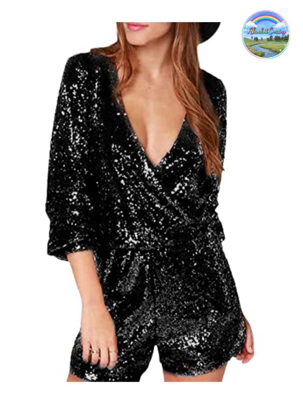 Sequin Party Clubwear Romper Shiny Wrap V Neck Shorts Jumpsuit Long Sleeve